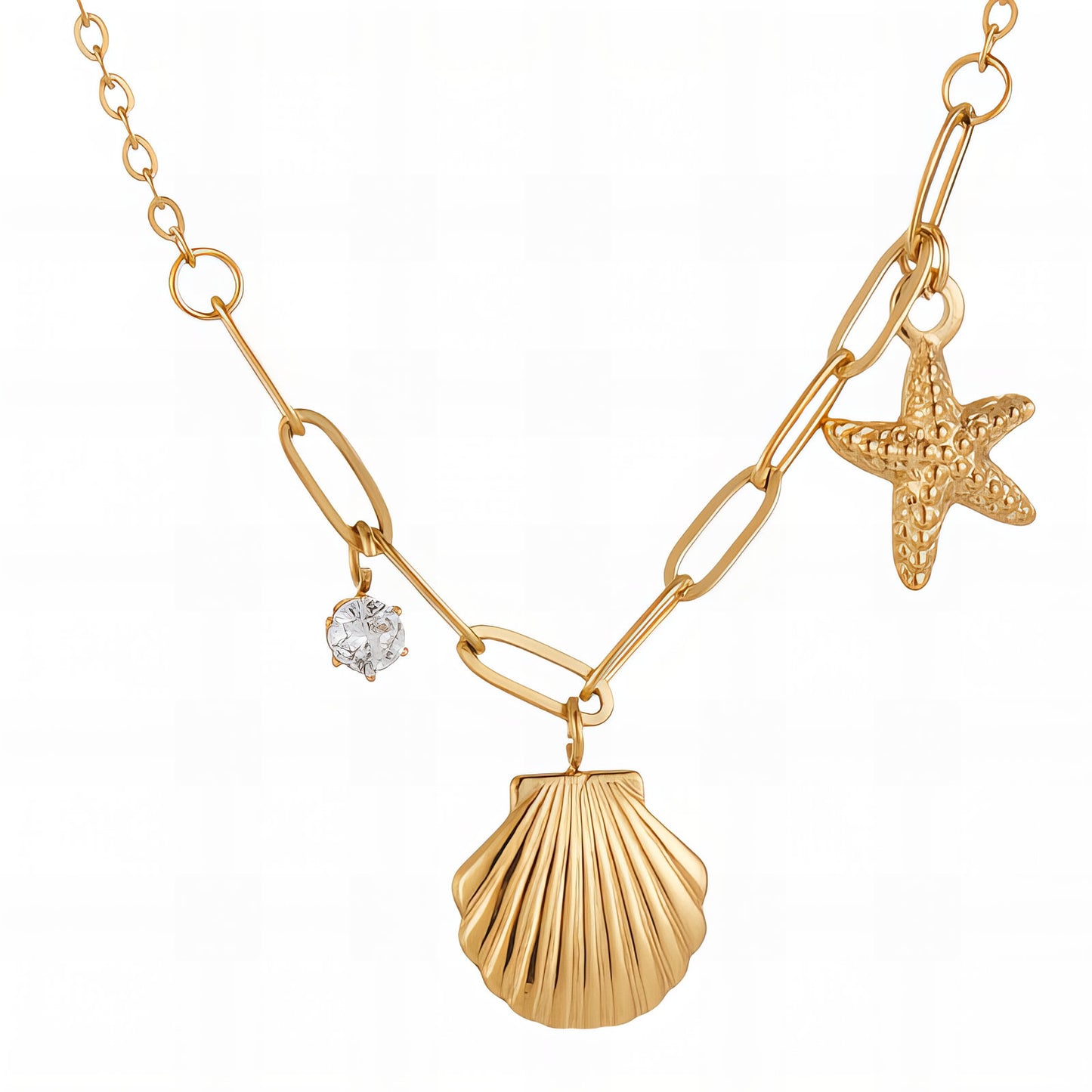 Starfish and Seashell 18K Gold Plated Steel Necklace