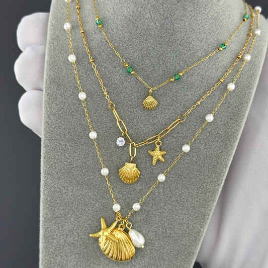 3 Piece Seashell Gold Necklace Set