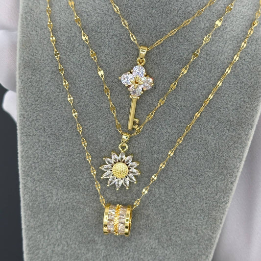 3 Piece Key Sun Chest Gold Necklace