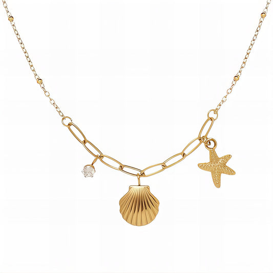 Starfish and Seashell 18K Gold Plated Steel Necklace